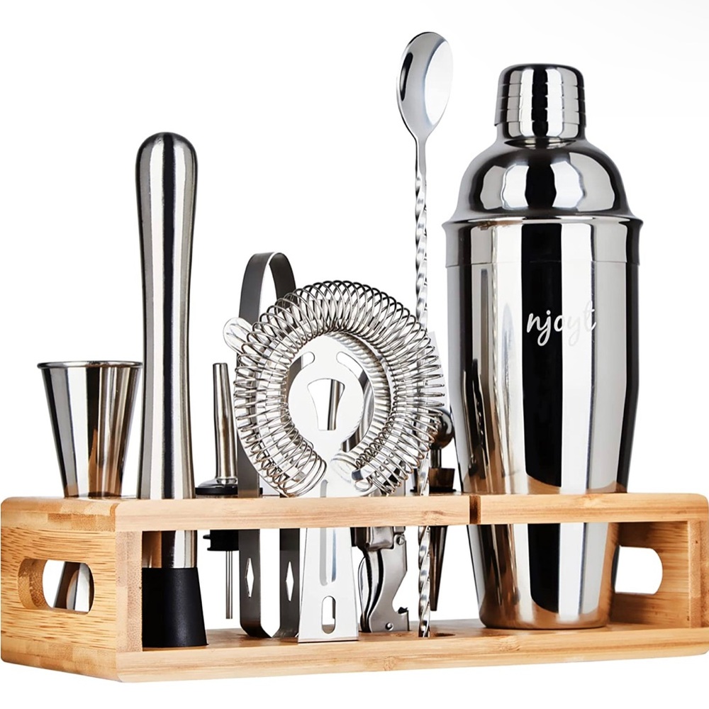 Cocktail Shaker Set with Bamboo Stand and Recipe Book